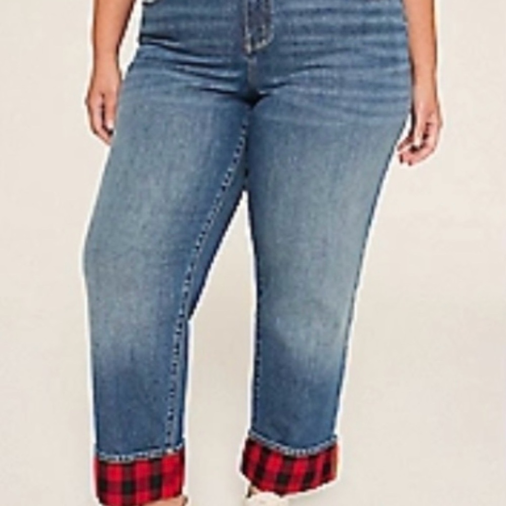 Lane Bryant Blue Boyfriend Jeans with Red Plaid Cuff